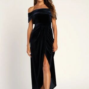 I'm Enchanted Navy Blue Velvet Off-the-Shoulder Maxi Dress